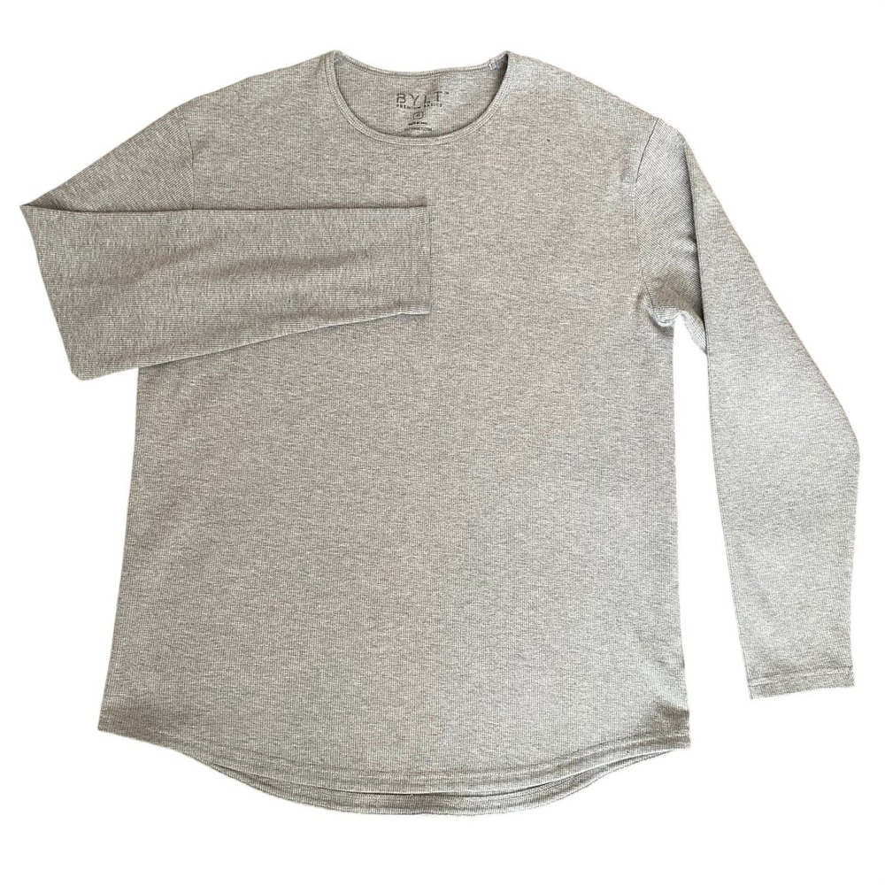 BYLT Men Shirt XL Gray Long Sleeve Waffle Knit Thermal Curved Hem Crew Neck